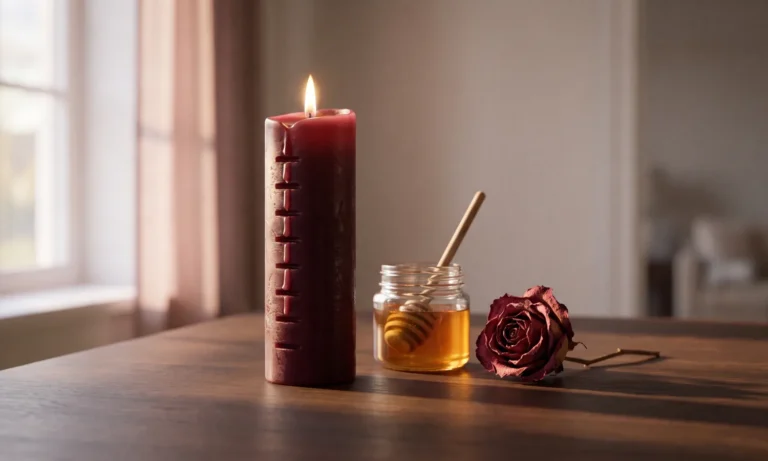 Half-burned notched red candle beside a honey jar and a dried rose