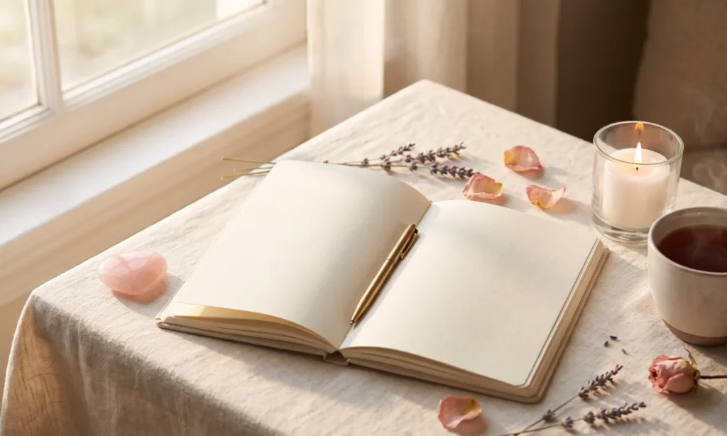 Open blank journal with a rose quartz heart, white candle and tea in morning light