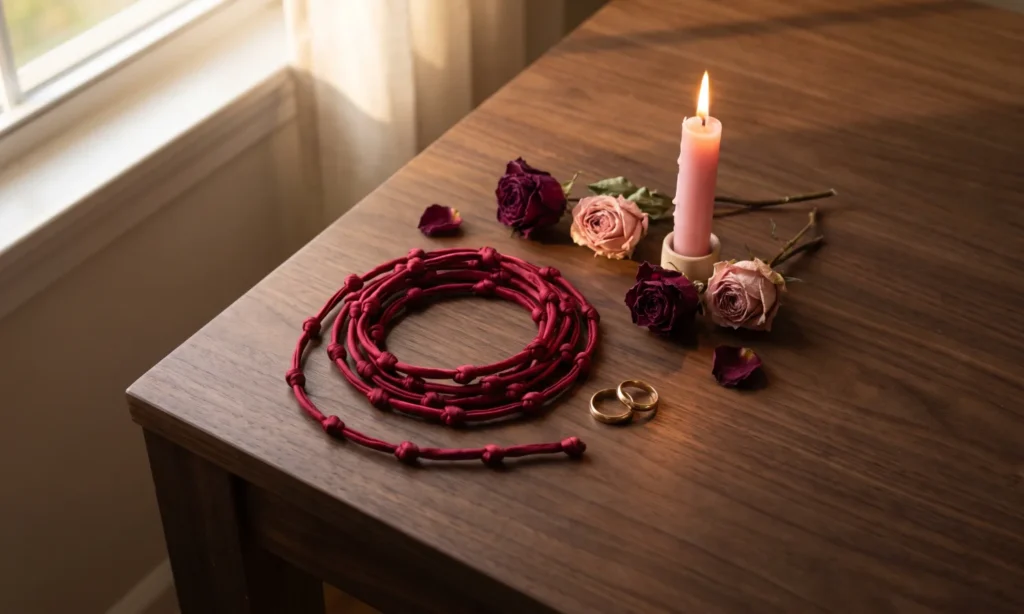 Red silk cord tied with knots beside gold rings, a pink candle and dried roses