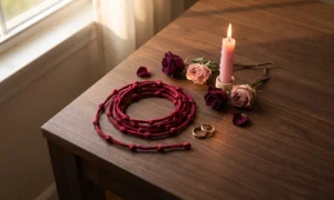 Red silk cord tied with knots beside gold rings, a pink candle and dried roses