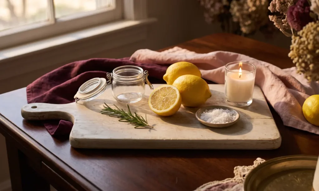 Fresh lemons, a halved lemon, salt, rosemary and a white candle for a lemon spell
