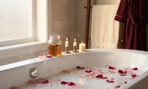Bathtub with milky water, floating rose petals and candles for a love bath ritual