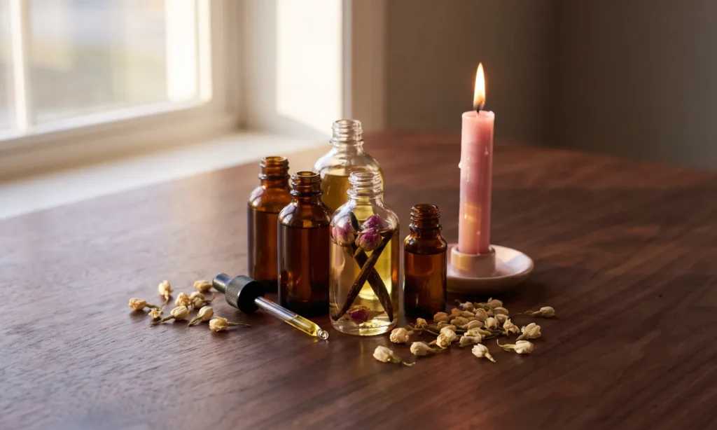 Glass bottles of homemade love oil with rose buds, vanilla and jasmine
