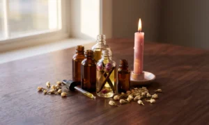 Glass bottles of homemade love oil with rose buds, vanilla and jasmine