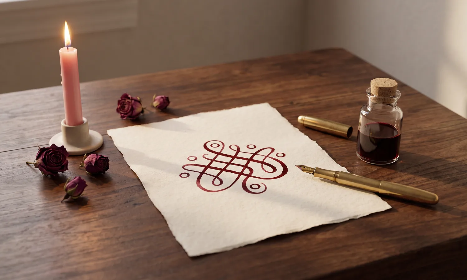 Hand-drawn red ink love sigil on cream paper with a fountain pen and pink candle