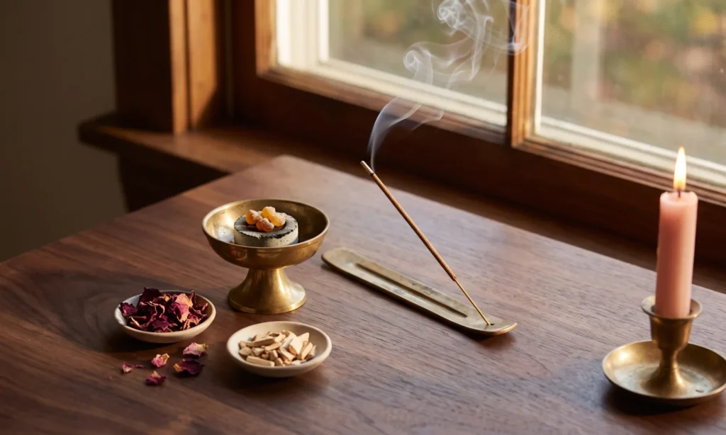 Incense smoke curling from a brass holder with resin, rose petals and a pink candle