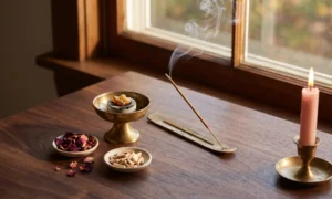 Incense smoke curling from a brass holder with resin, rose petals and a pink candle