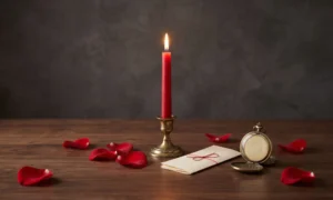 Lit red taper candle with a folded paper tied in red thread and an open pocket watch