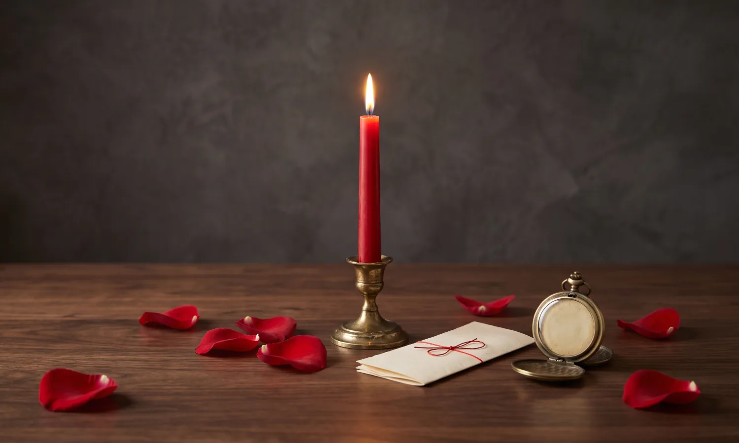Lit red taper candle with a folded paper tied in red thread and an open pocket watch