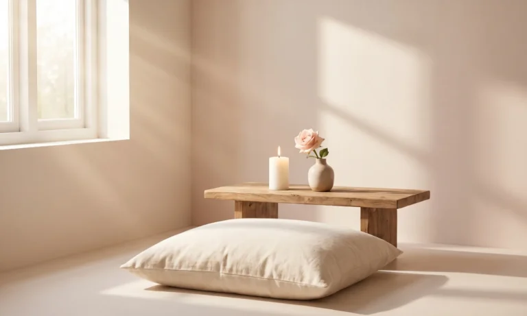 Minimal meditation corner with a single white candle and one pink rose