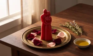 Red figure candles of an embracing couple on a brass tray with rose petals
