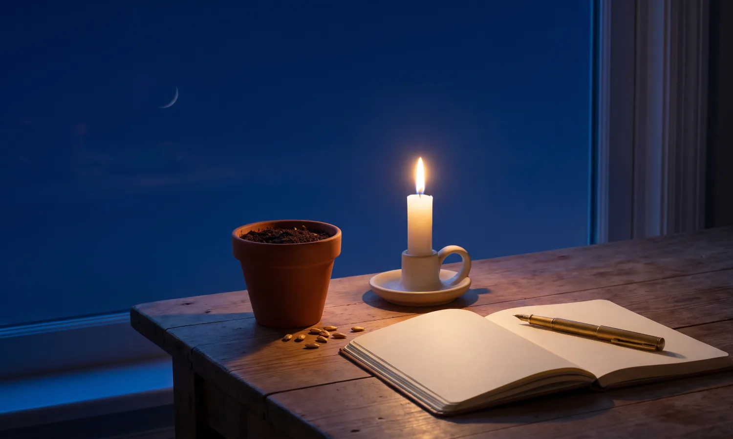 New moon intention setting with a pot of soil, seeds, a white candle and a blank notebook