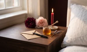 Folded brown paper petition beside a honey jar, red candle and lavender