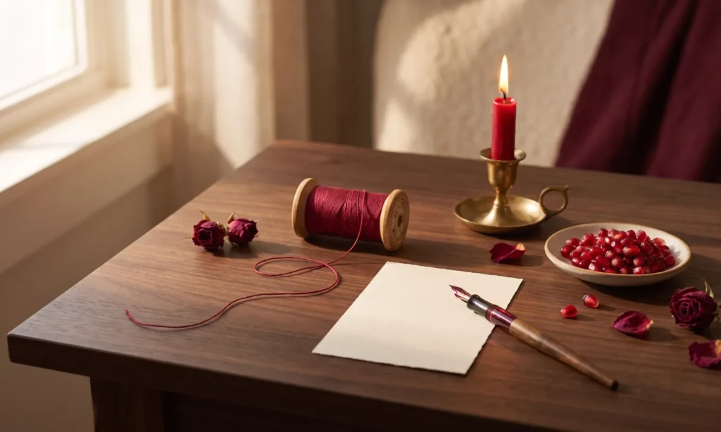 Red thread, red ink pen, red candle and pomegranate seeds as symbolic alternatives