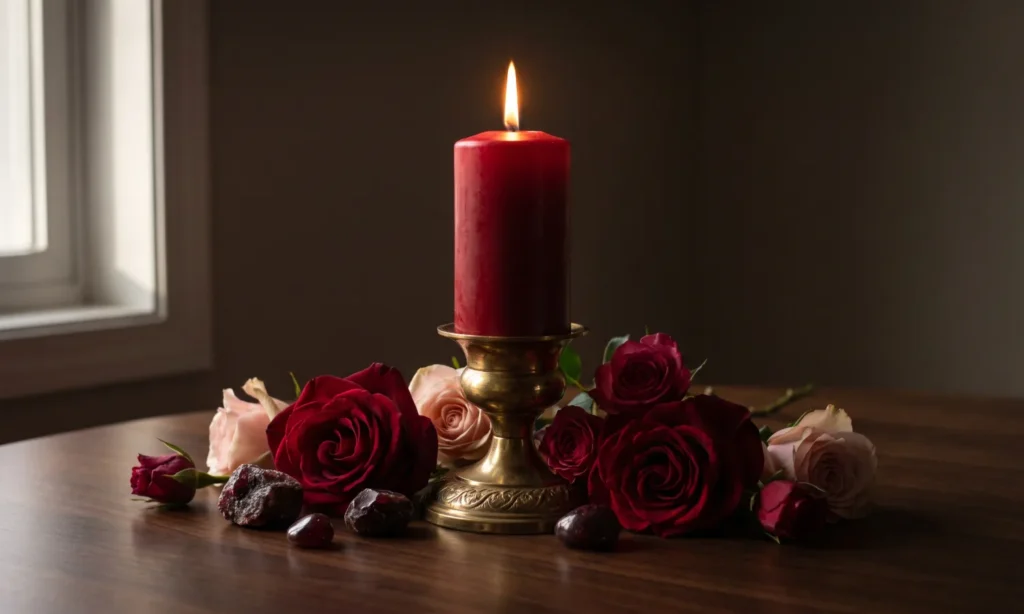 Tall red pillar candle burning among deep red roses and garnet stones