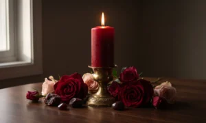 Tall red pillar candle burning among deep red roses and garnet stones