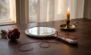 Red string tangled around a vintage hand mirror with a candle and a dried rose
