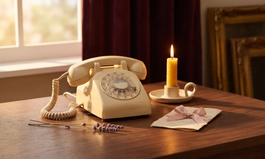 Vintage cream telephone beside a yellow candle, folded paper and lavender