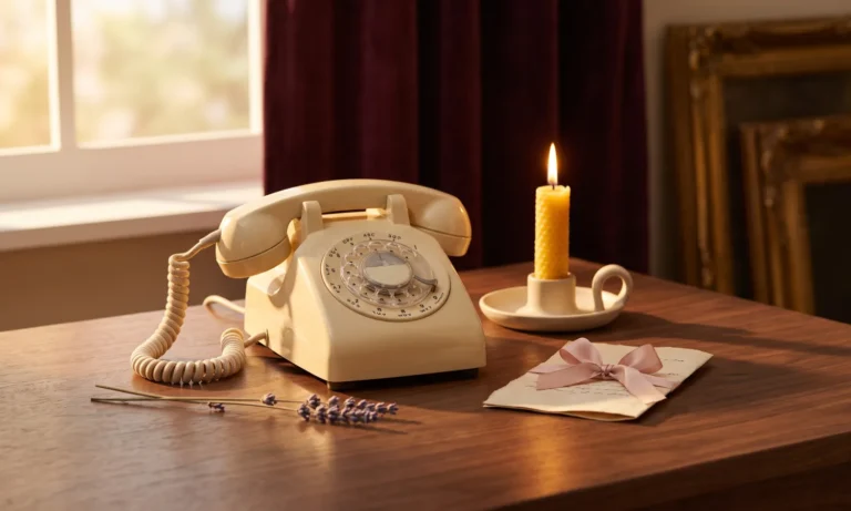 Vintage cream telephone beside a yellow candle, folded paper and lavender