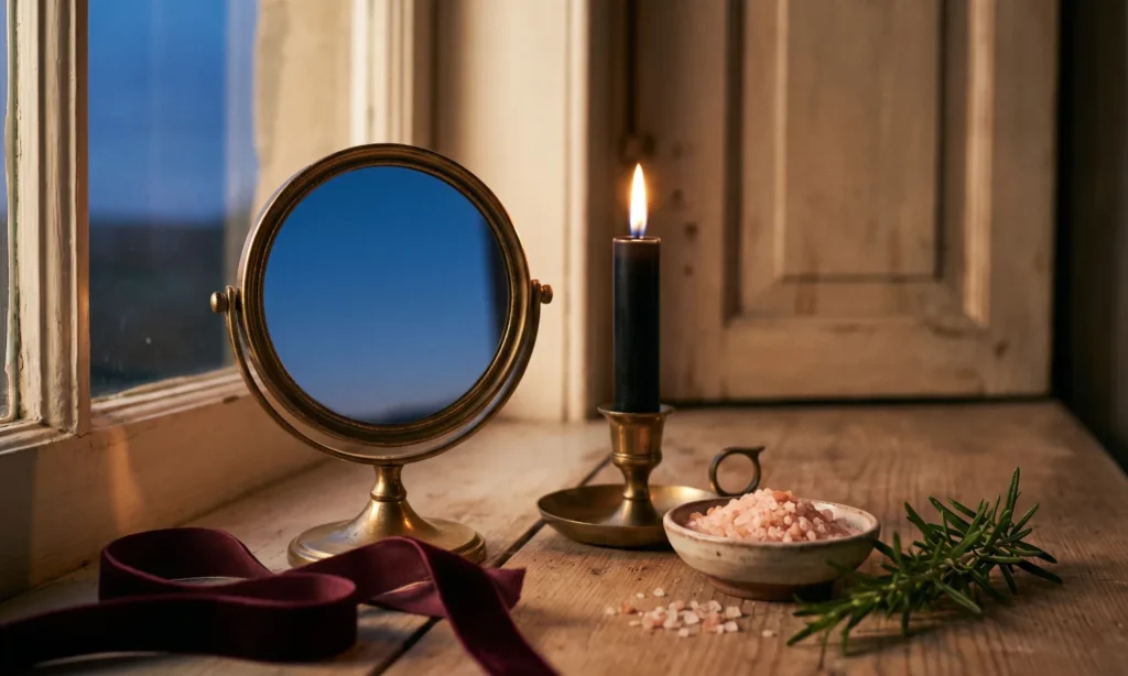 Mirror facing outward with a black candle, salt and rosemary for a protective boundary ritual