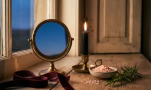 Mirror facing outward with a black candle, salt and rosemary for a protective boundary ritual