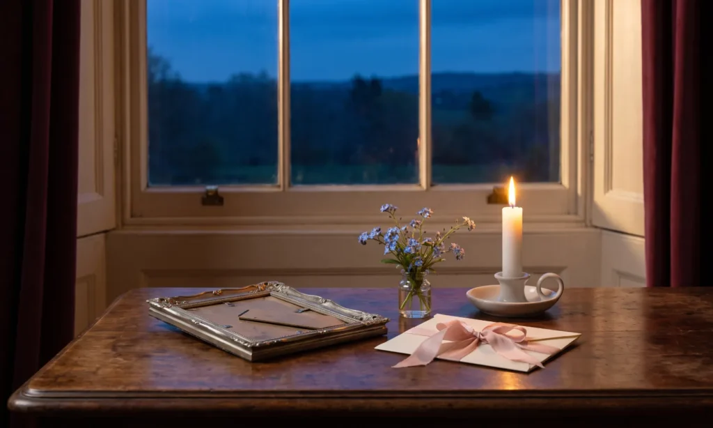 Candle at blue hour with forget-me-not flowers, a folded letter and a face-down frame