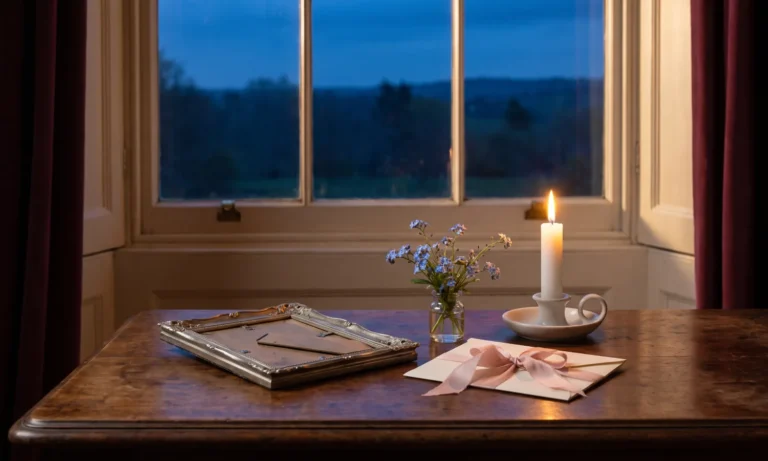 Candle at blue hour with forget-me-not flowers, a folded letter and a face-down frame