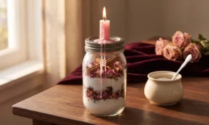 Sugar jar with rose petals and cinnamon, pink candle melting on the lid