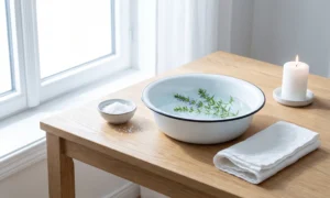 White basin of water with hyssop, sea salt and a white candle for an uncrossing ritual