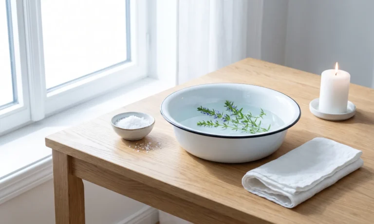 White basin of water with hyssop, sea salt and a white candle for an uncrossing ritual