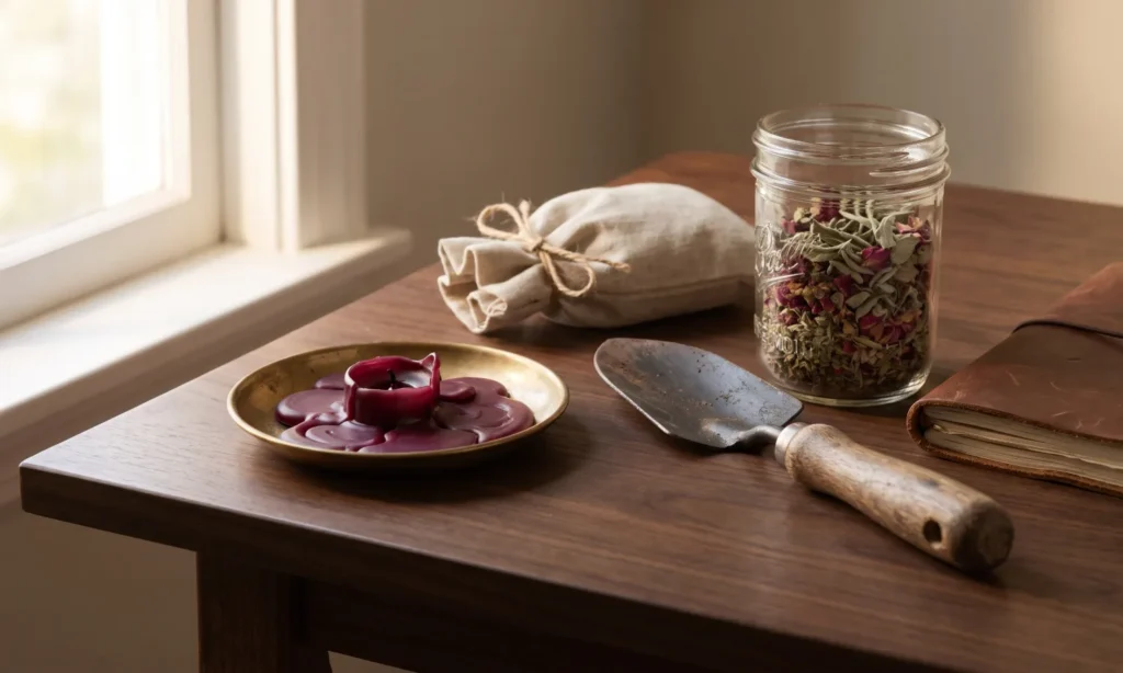 Burned-down candle wax, garden trowel and herb jar after a love ritual