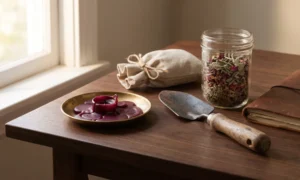 Burned-down candle wax, garden trowel and herb jar after a love ritual